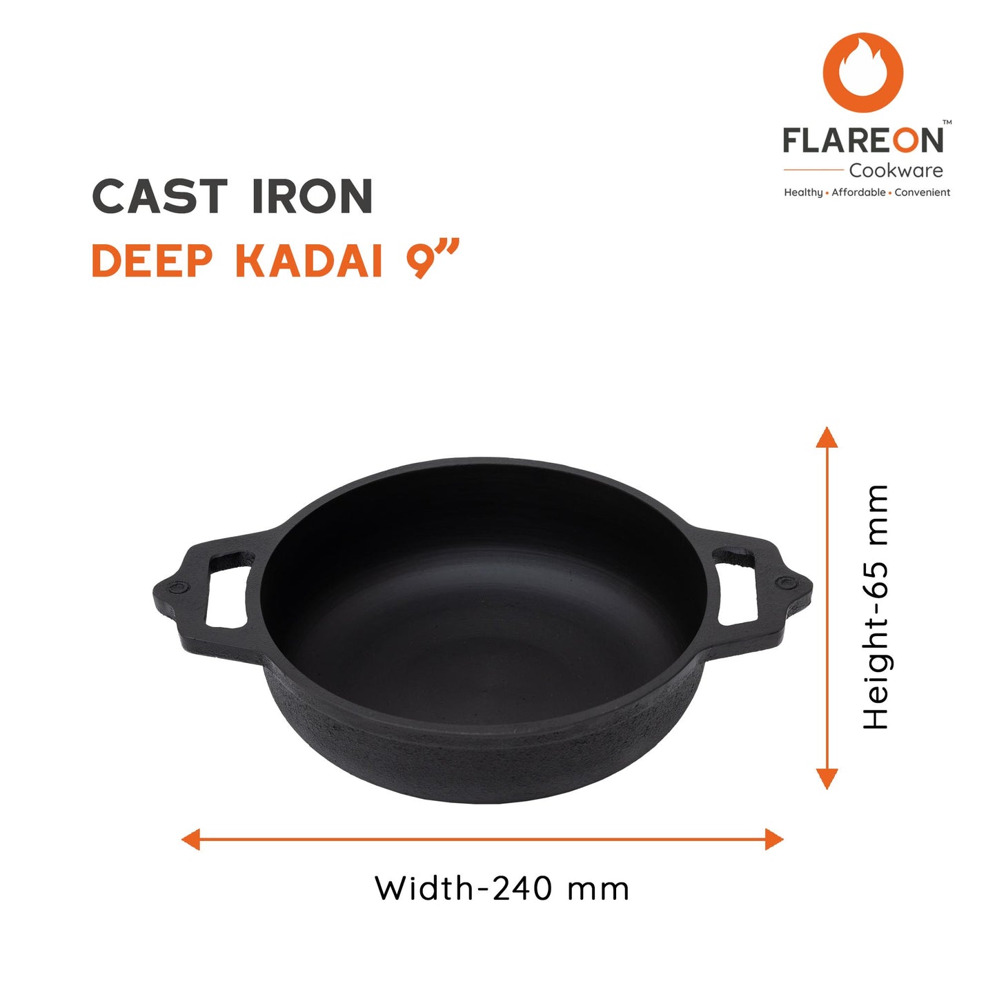 FlareOn Cast Iron Deep Kadai - 9 Inch