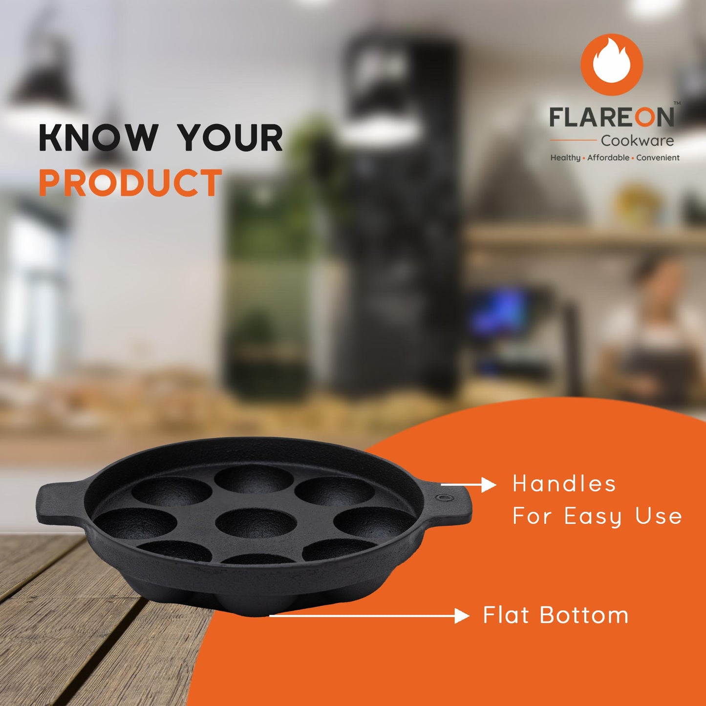FlareOn Cast Iron 9 Pit Paniyaram/Appe Pan
