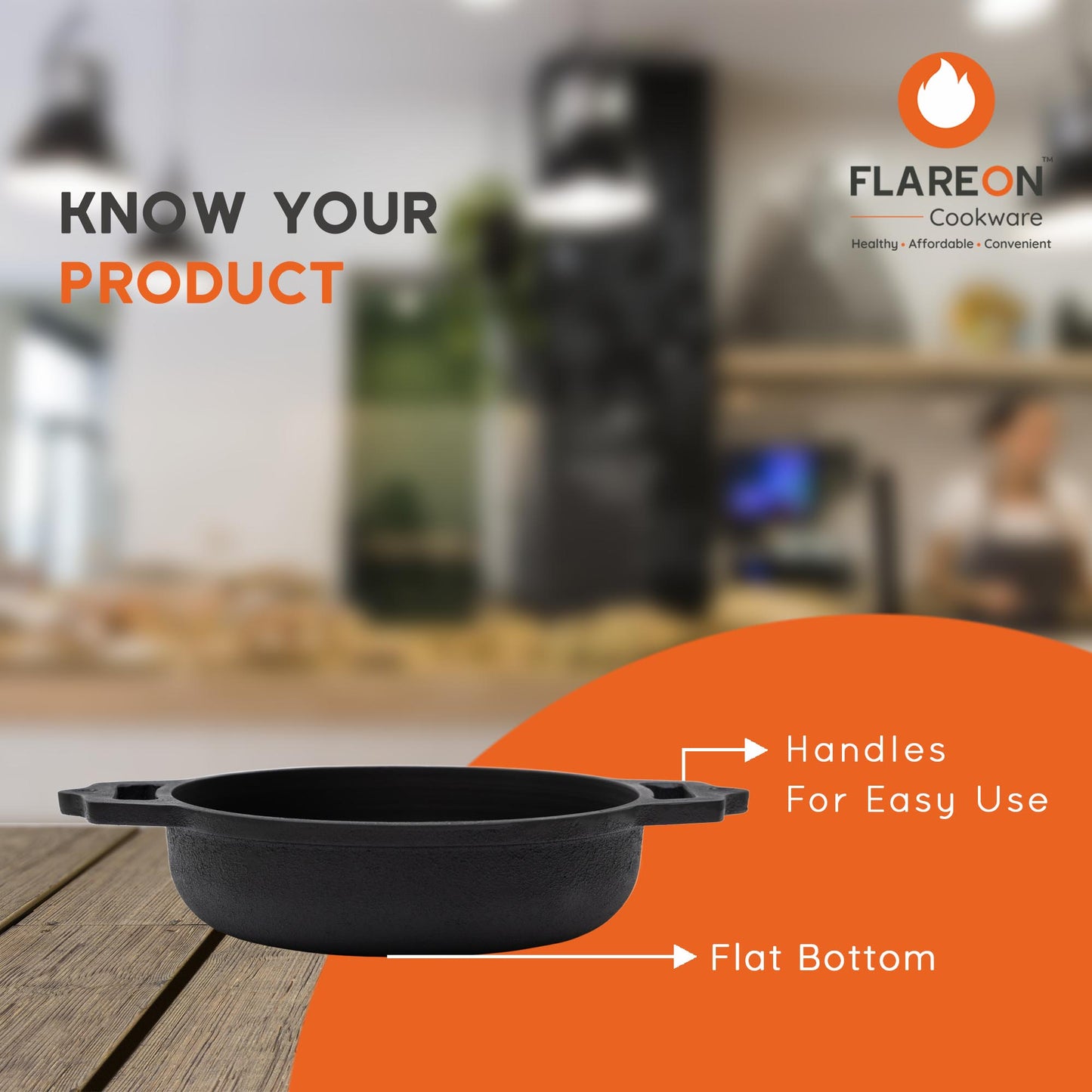 FlareOn Cast Iron Deep Kadai - 9 Inch