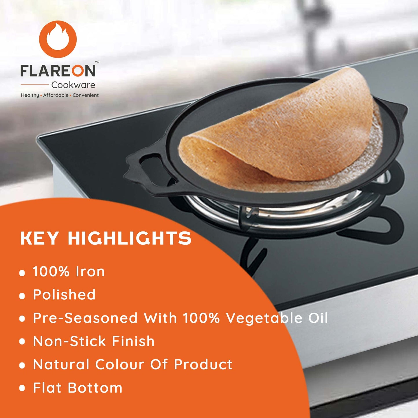 FlareOn Cast Iron Dosa Tawa - 11 Inch