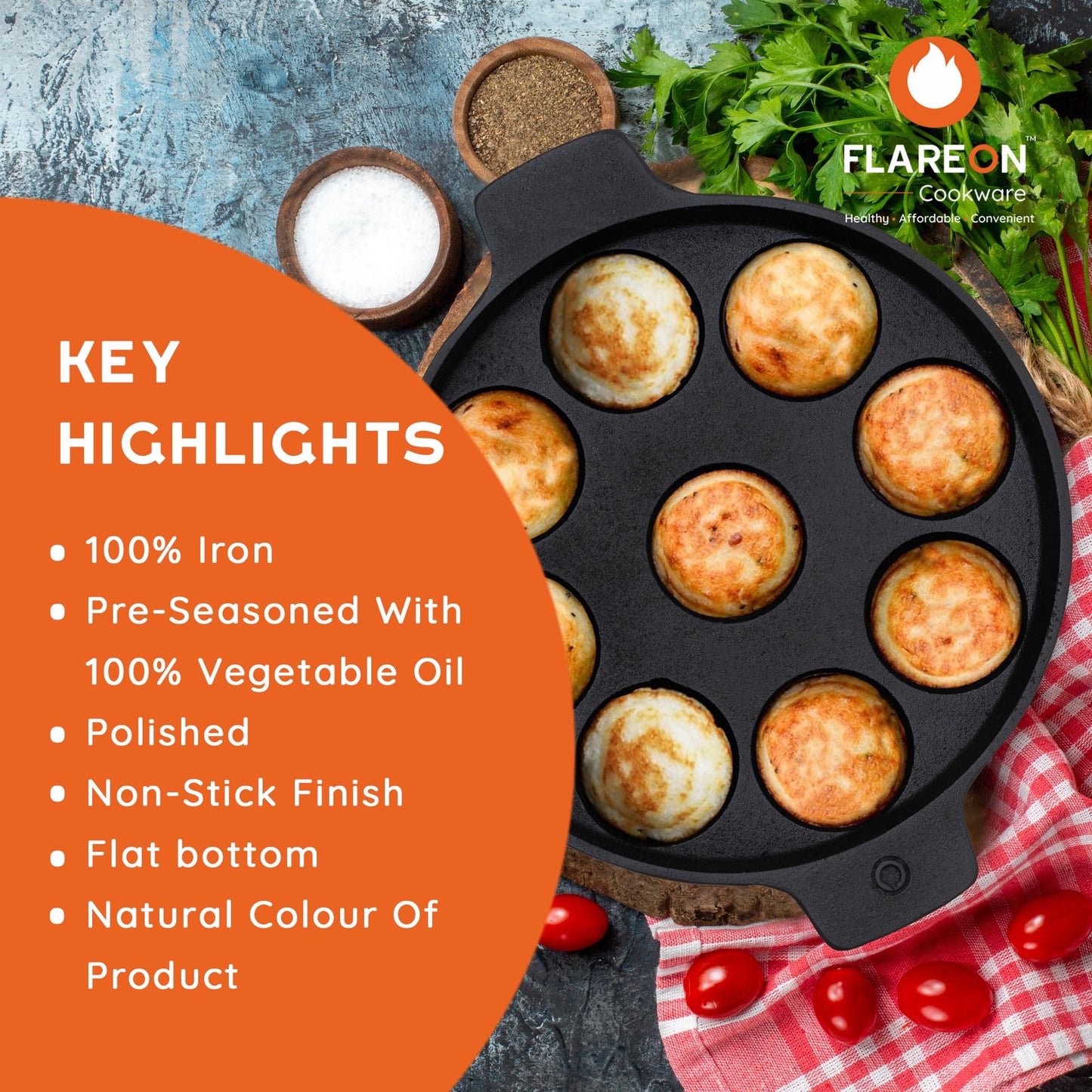 FlareOn Cast Iron 9 Pit Paniyaram/Appe Pan