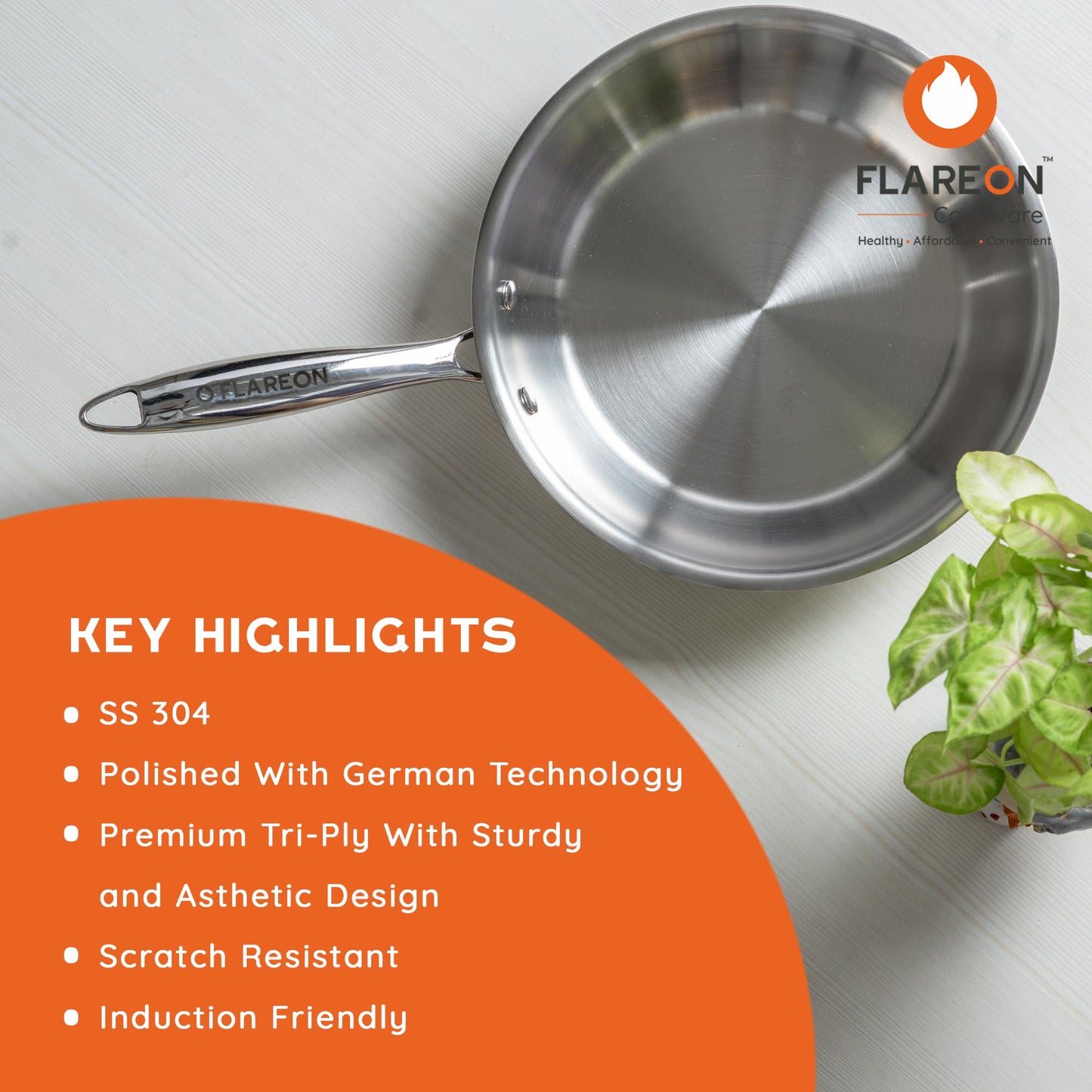 FlareOn Tri-Ply SS FRY Pan With SS Lid - 24 CM/26CM