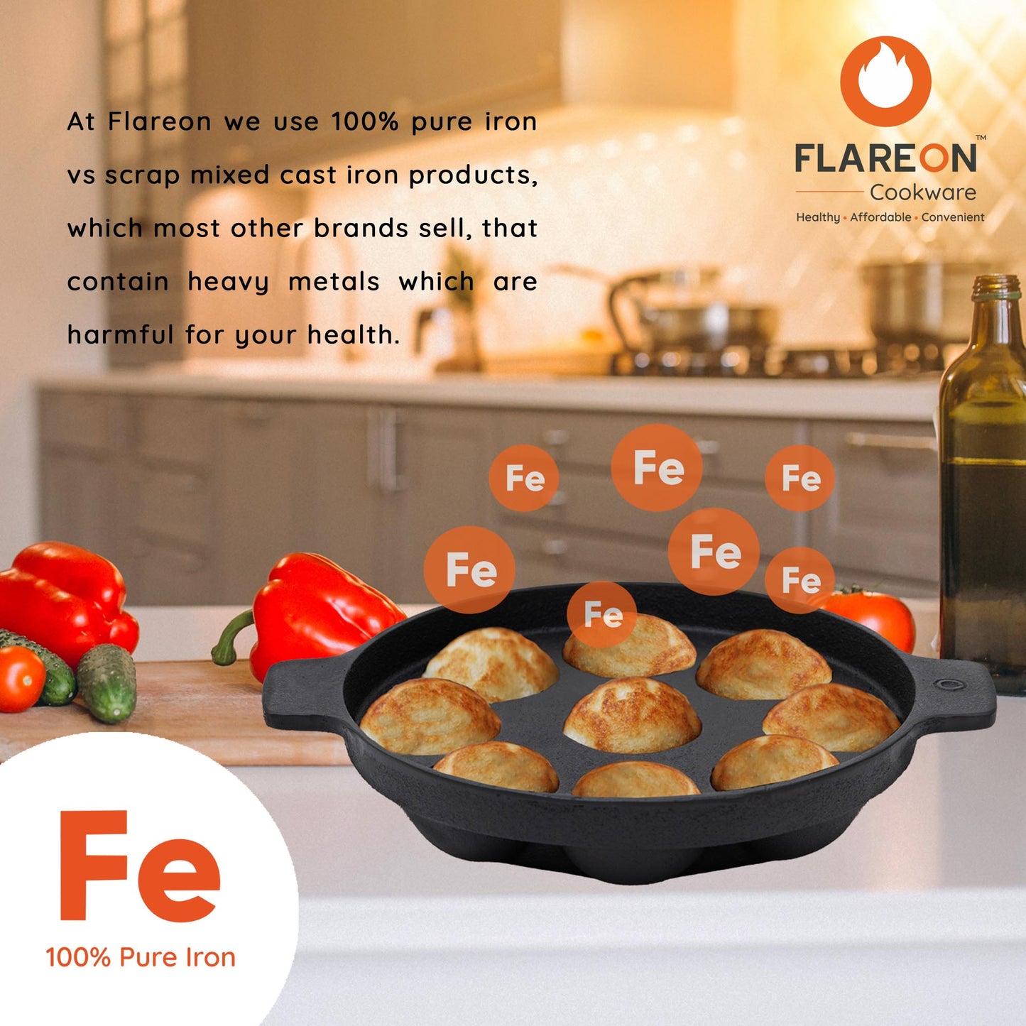 FlareOn Cast Iron 9 Pit Paniyaram/Appe Pan