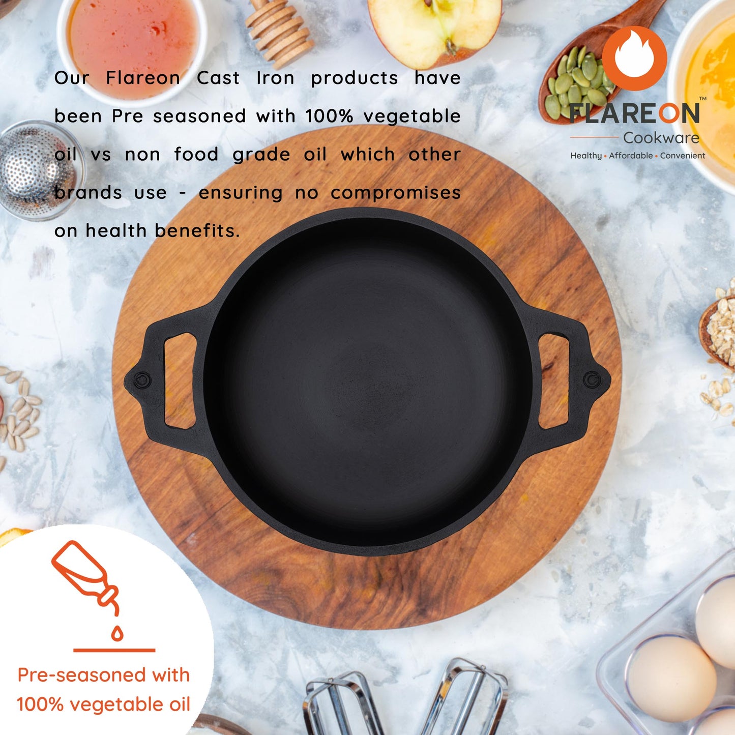 FlareOn Cast Iron Deep Kadai - 9 Inch