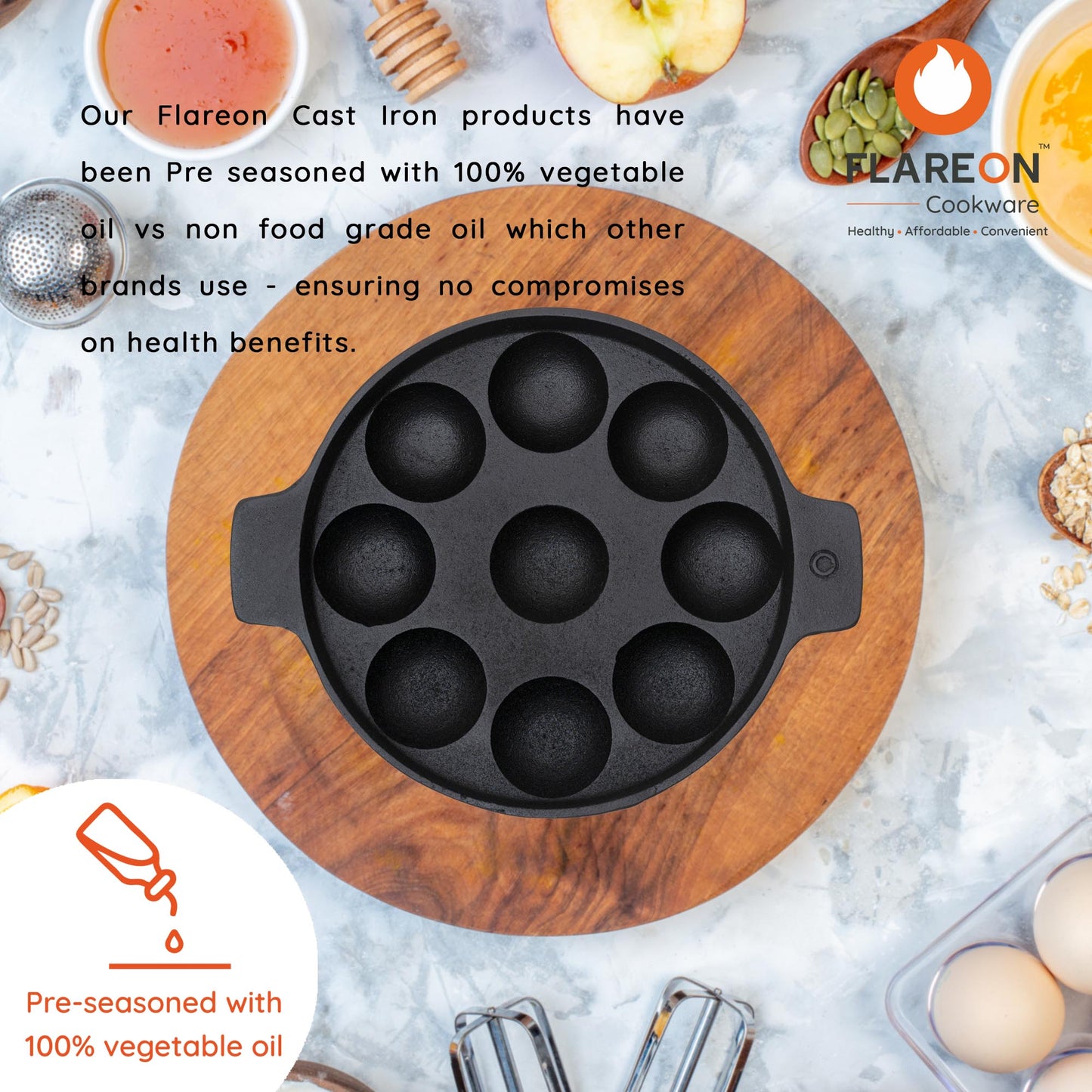 FlareOn Cast Iron 9 Pit Paniyaram/Appe Pan