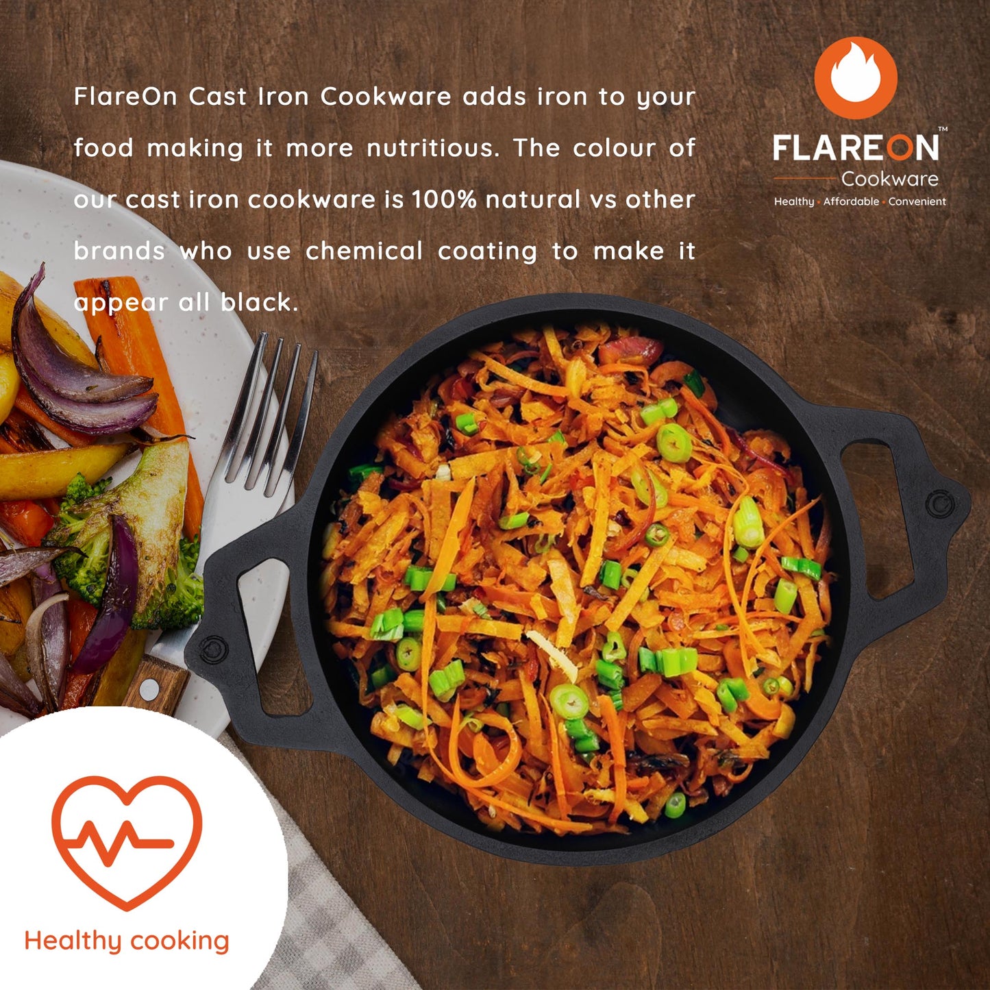 FlareOn Cast Iron Deep Kadai - 9 Inch