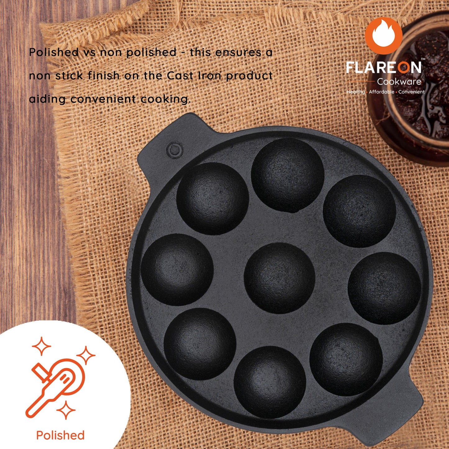 FlareOn Cast Iron 9 Pit Paniyaram/Appe Pan