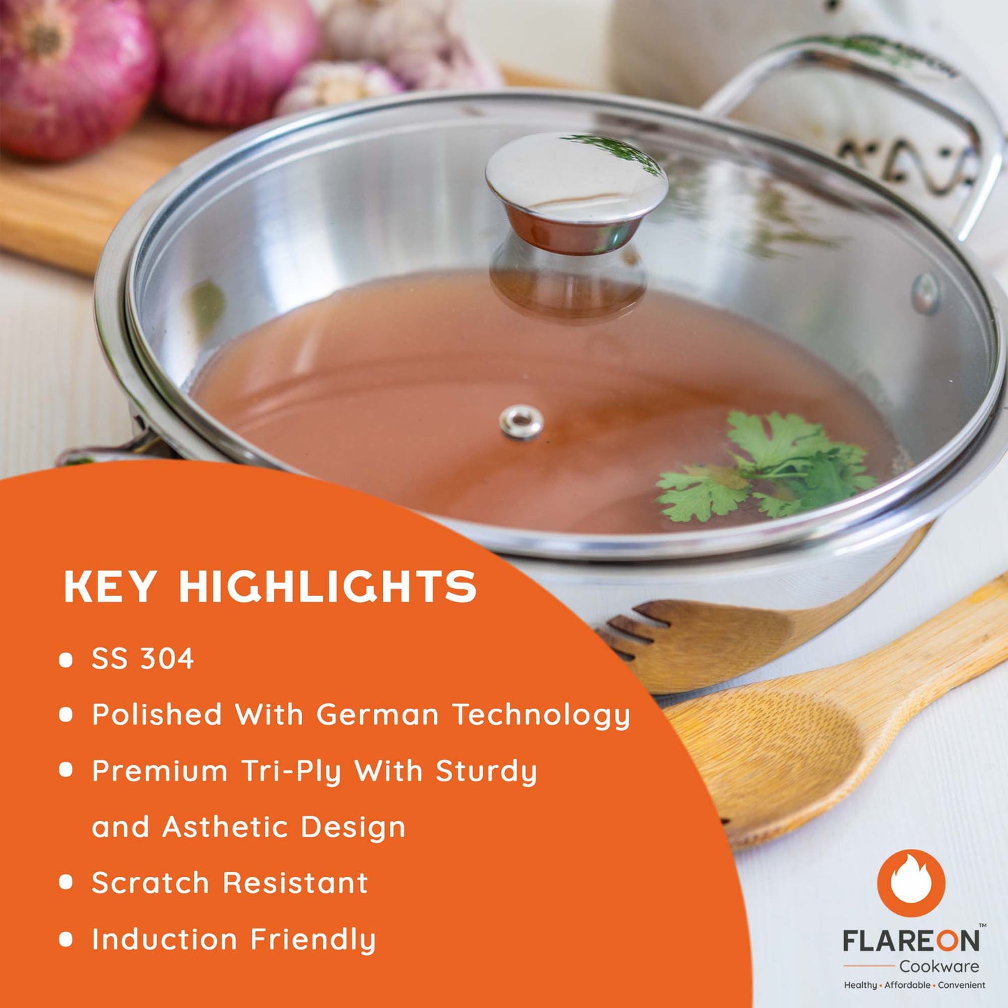 FlareOn's TriPly Stainless Steel Kadai With Glass Lid 24 Cm- Key Highlights