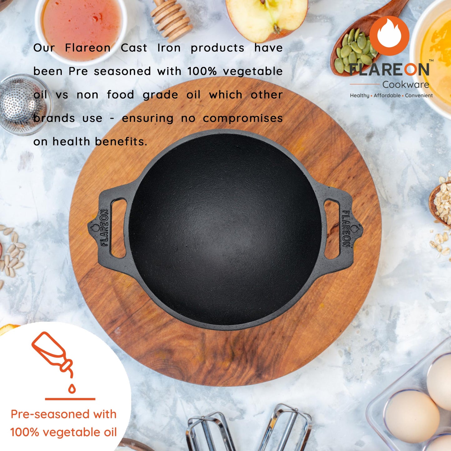 FlareOn's Cast Iron Dosa Kadai 10-Inch- Preseasoned