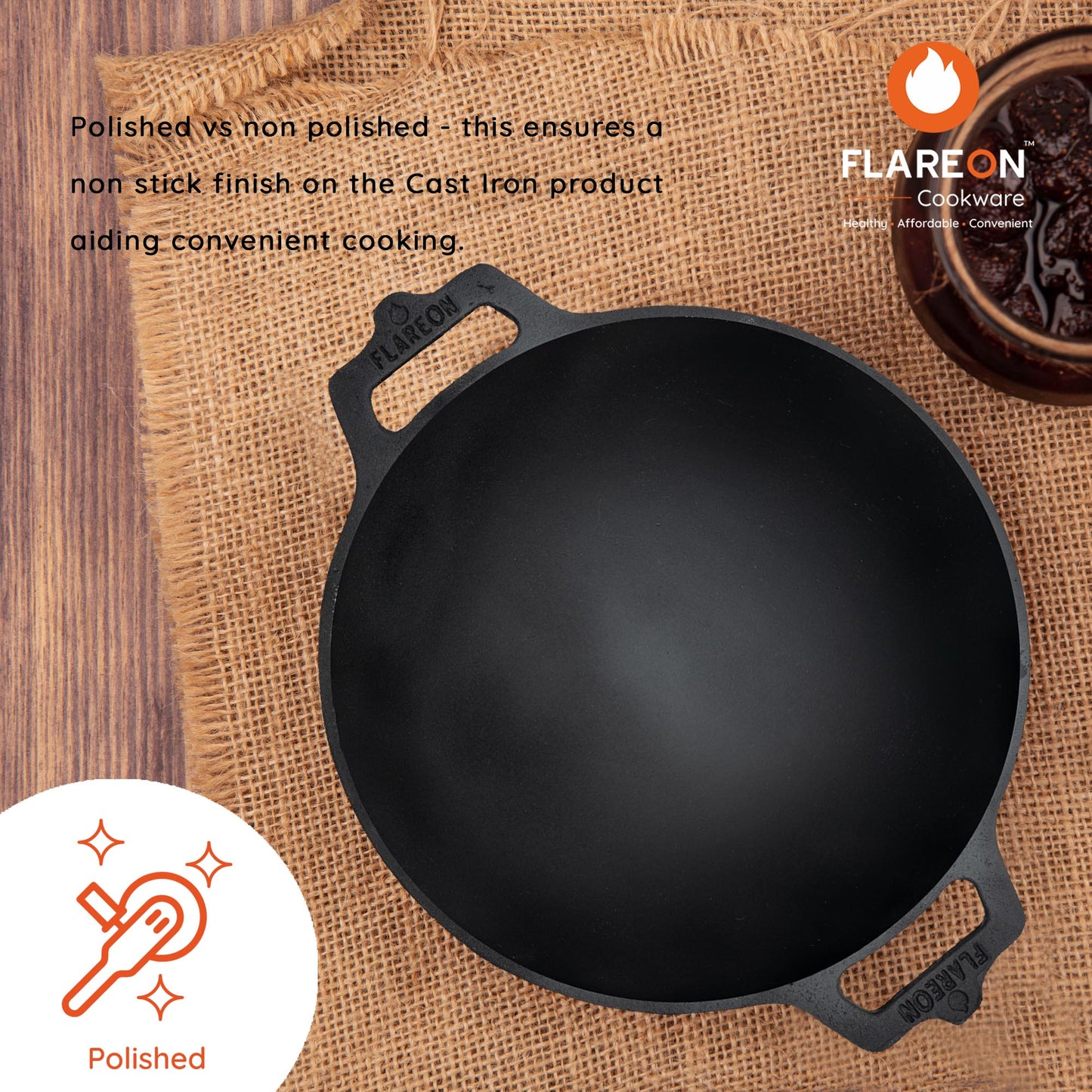 FlareOn's Cast Iron Dosa Kadai 8-Inch- Polished