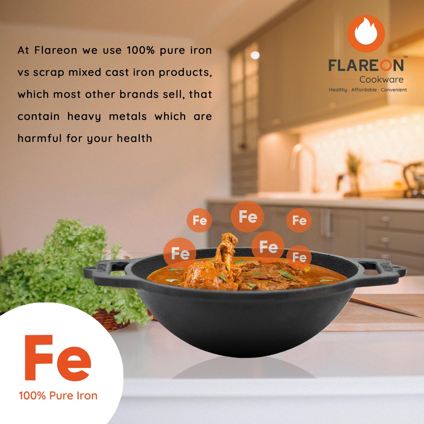 FlareOn's Cast Iron Kadai 10-Inch- Pure Iron