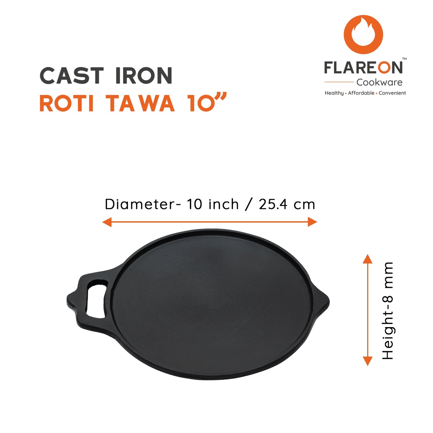 FlareOn's Cast Iron 10 Inch Roti Tawa- Product Dimensions