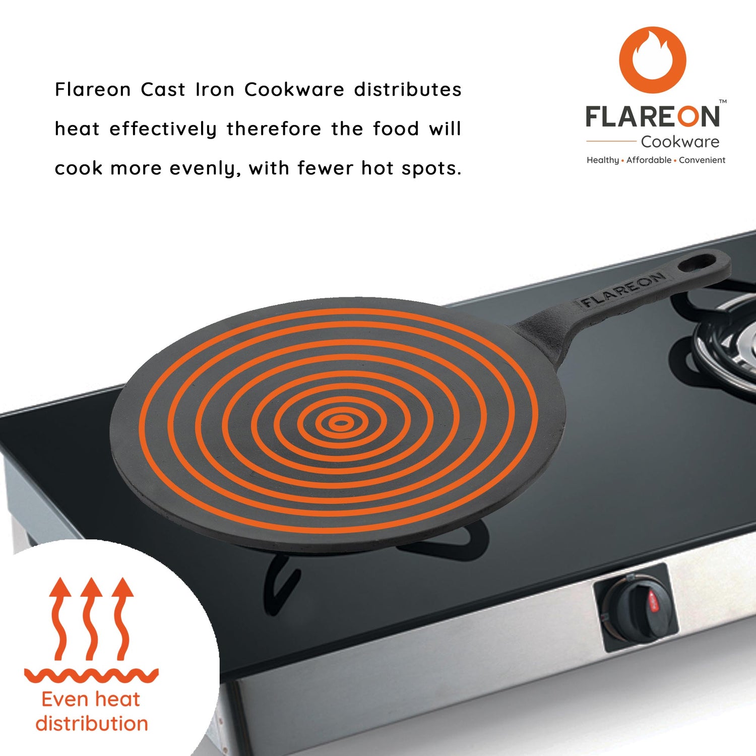 FlareOn's Cast Iron Roti Tawa Long Handle 10 Inch- Even Heat Distribution