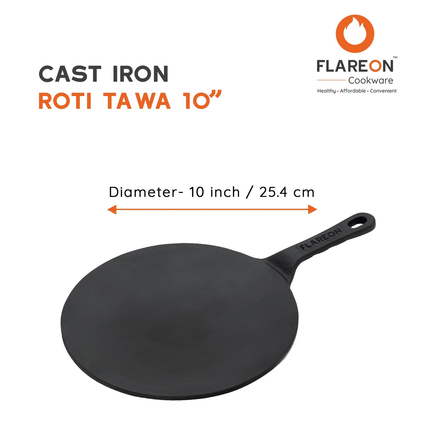 FlareOn's Cast Iron Roti Tawa Long Handle 10 Inch- Product Dimensions