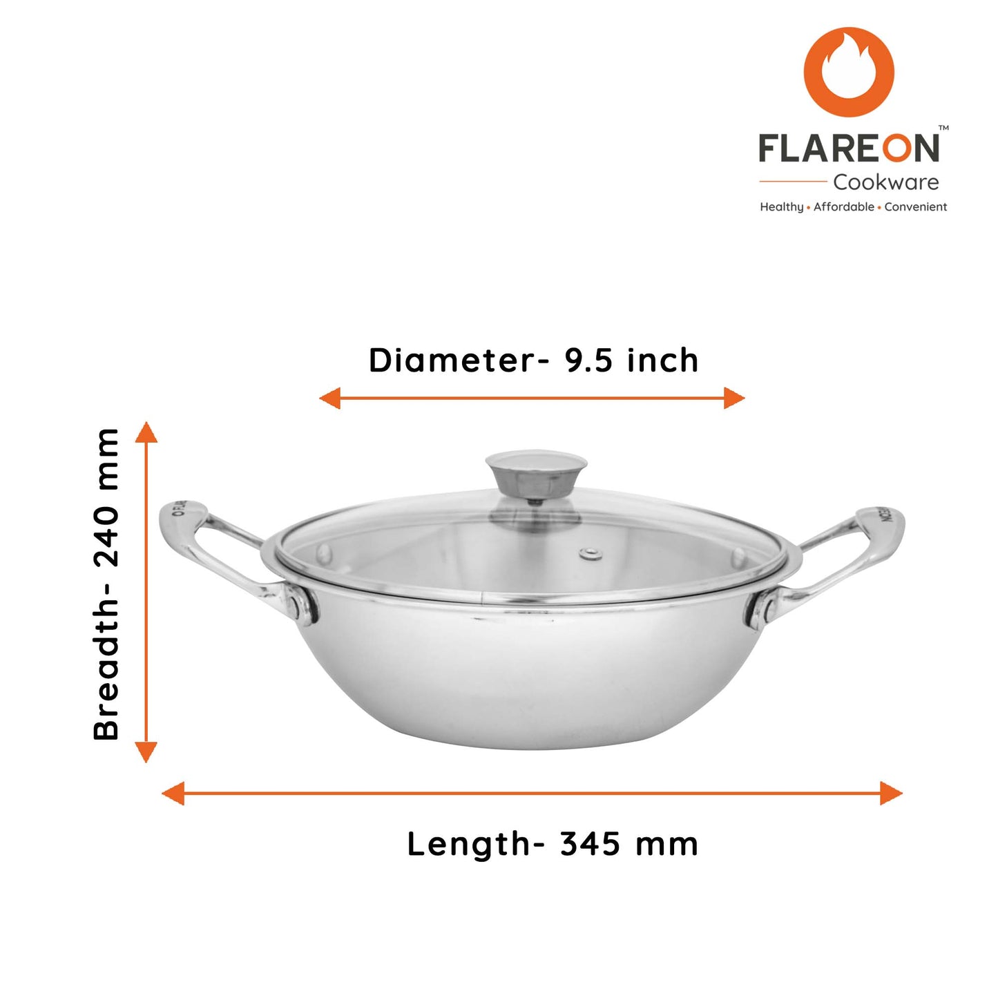 FlareOn's TriPly Stainless Steel Kadai With Glass Lid 24 Cm- Product Dimensions