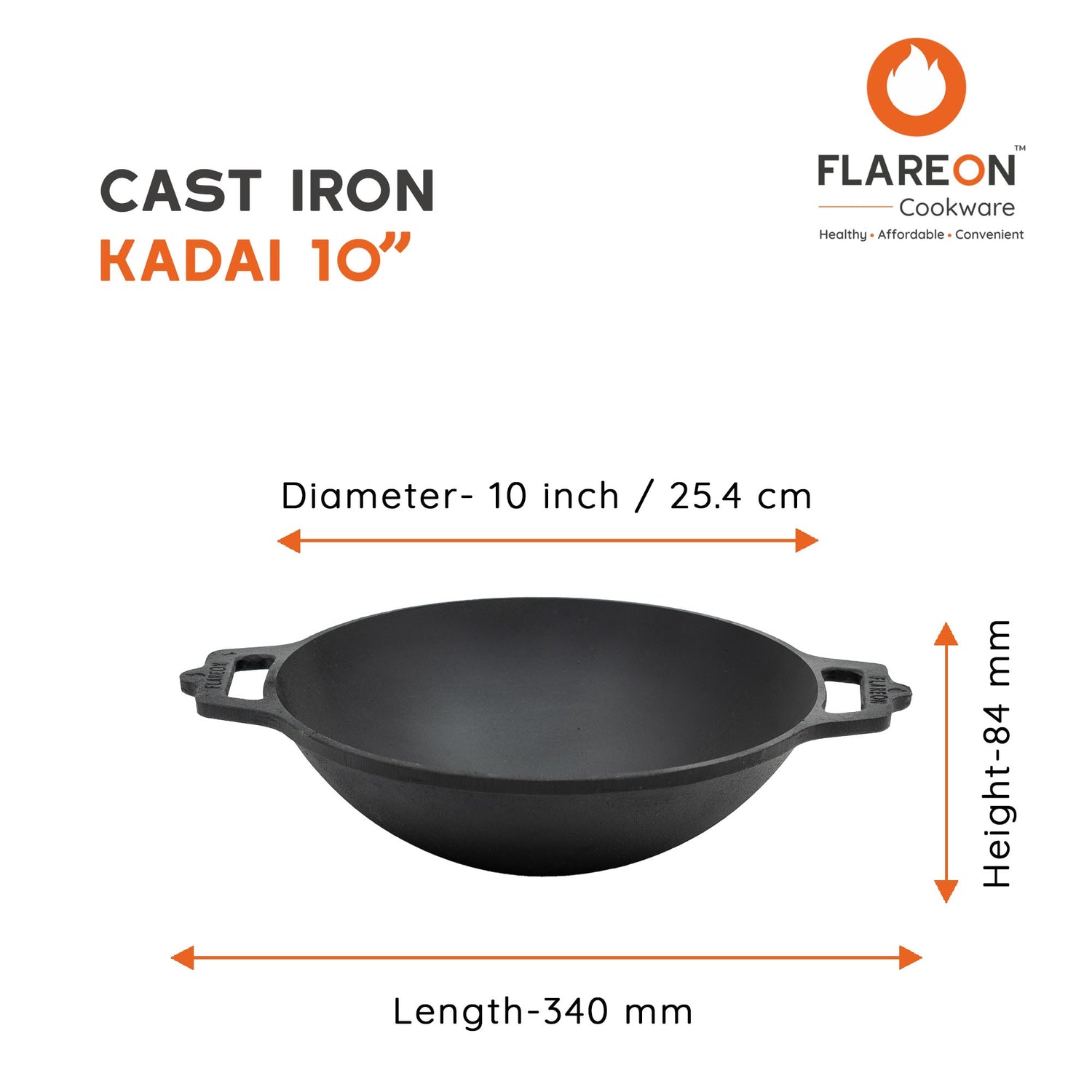 FlareOn's Cast Iron Kadai 10-Inch- Dimensions