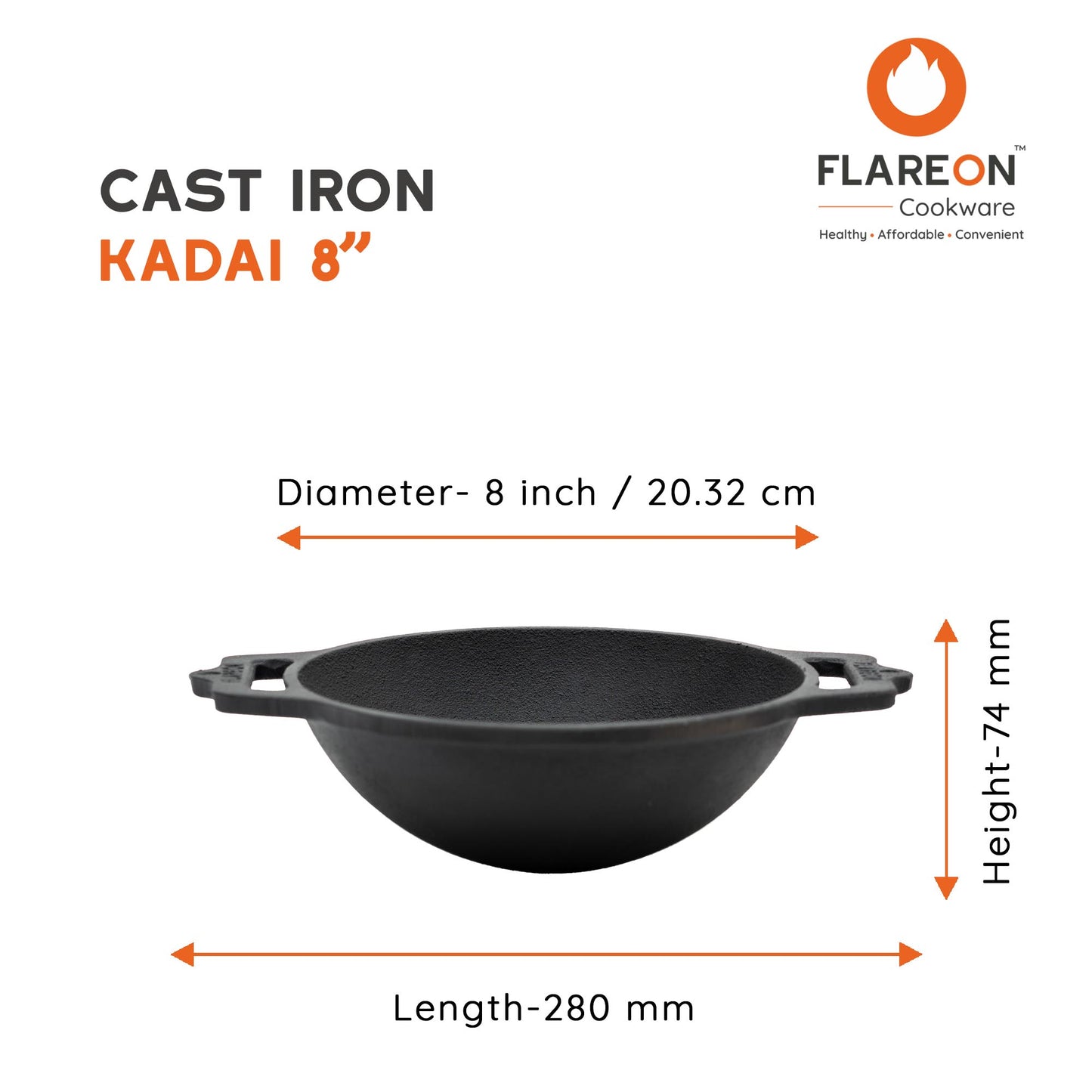 FlareOn's Cast Iron Kadai 8-Inch- Dimensions