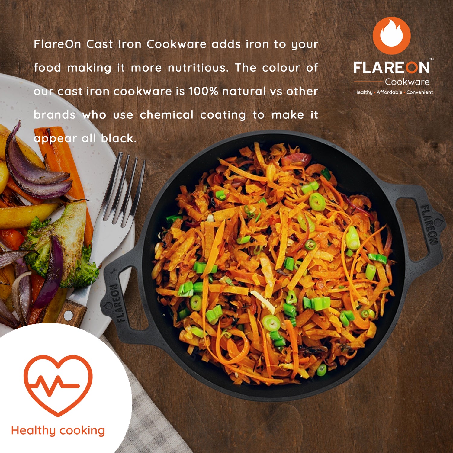 FlareOn's Cast Iron Kadai 8-Inch- Healthy Cooking