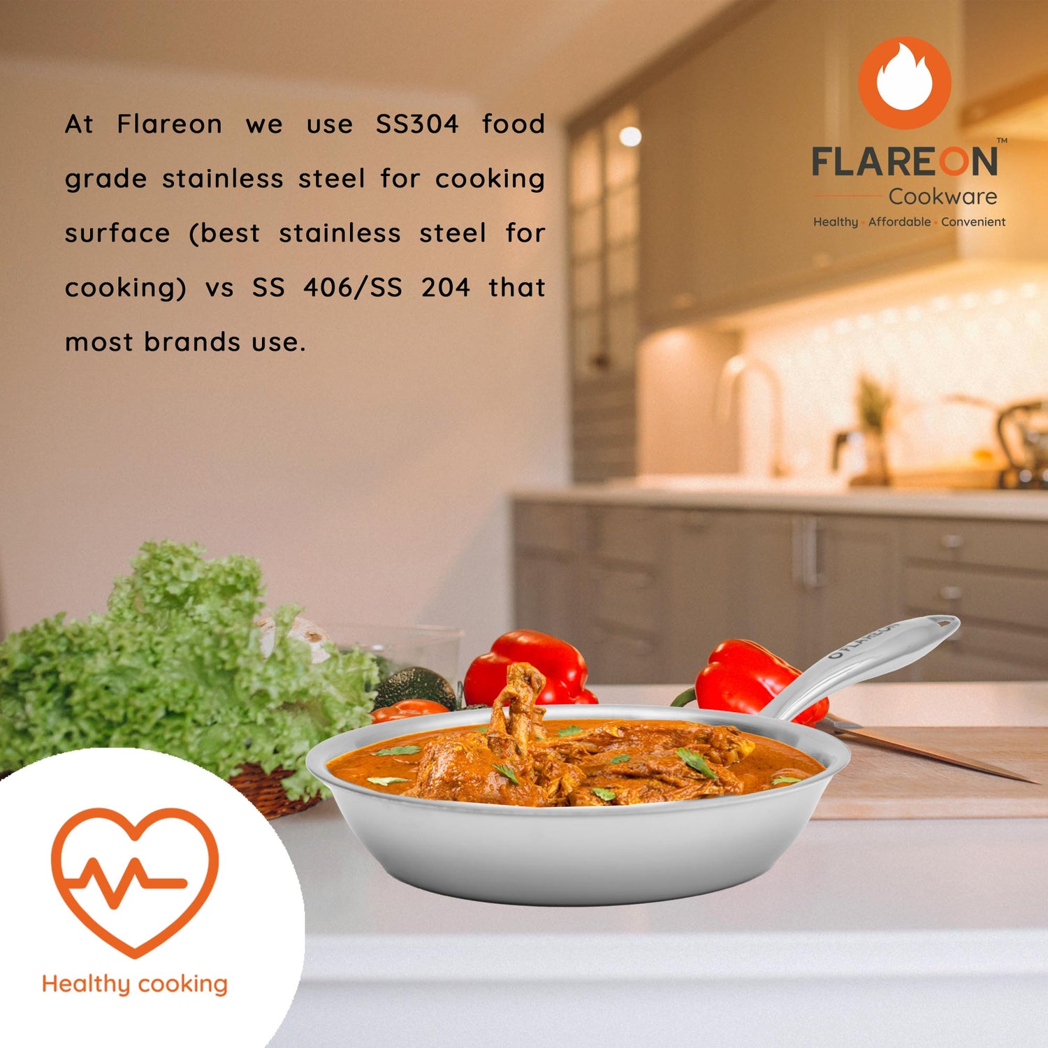 FlareOn's TriPly Stainless Steel Fry Pan 22 Cm- Healthy Cooking
